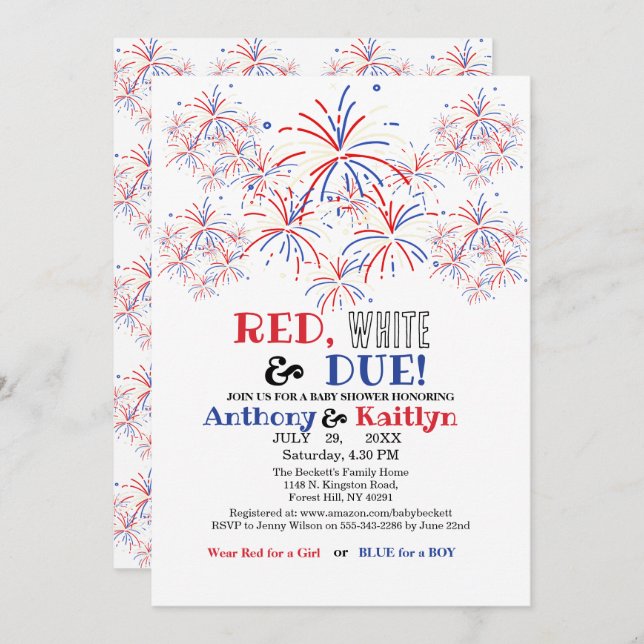 Convites Modern Red White & Due 4th July Baby Shower (Frente/Verso)