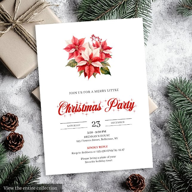 Convites Modern Red White Poinsettia Bouquet Christmas  (Modern Red White Poinsettia Bouquet Christmas Invitation)