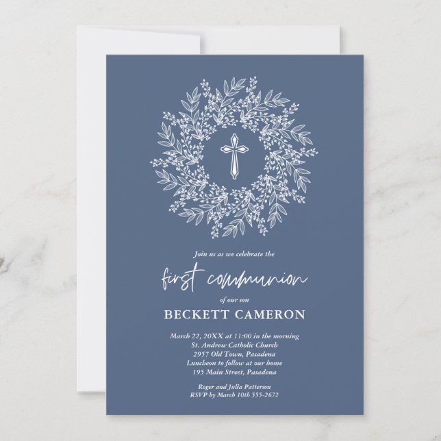 Convites Modern Religious Blue Cross First Communion (Frente)