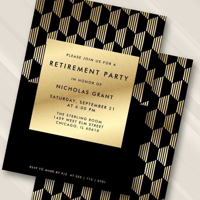 Convites Modern Retirement Party Black and Gold Faux Foil (Personalize names, date, and RSVP details.)