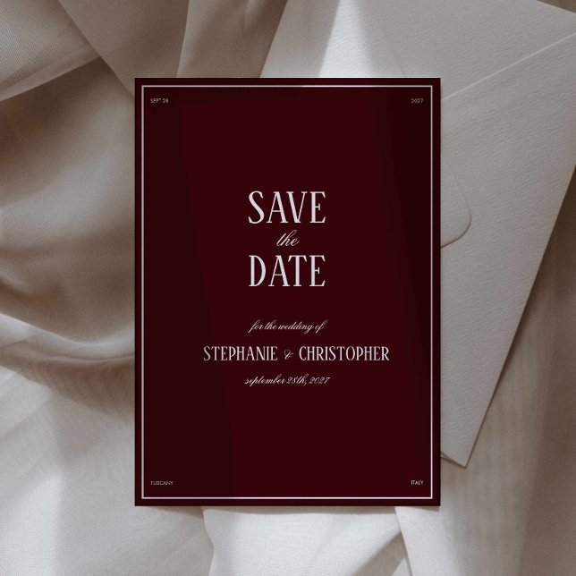 Convites Modern Retro Burgundy Wedding Save the date (burgundy formal save the date wedding invitation, deep red cherry classy wedding annoucement card)