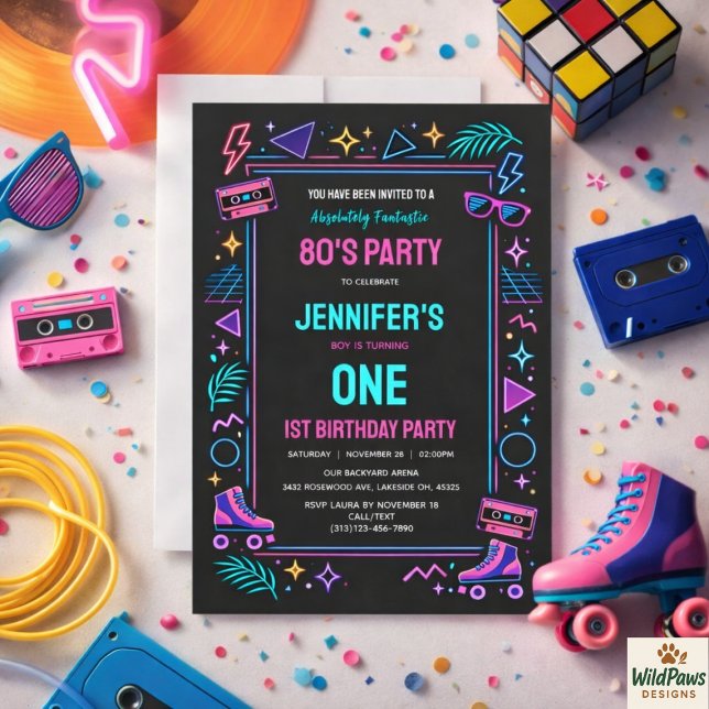 Convites Modern Retro Neon 80’s 1st Birthday Party (Modern Retro Neon 80’s 1st Birthday Party Invitation
)