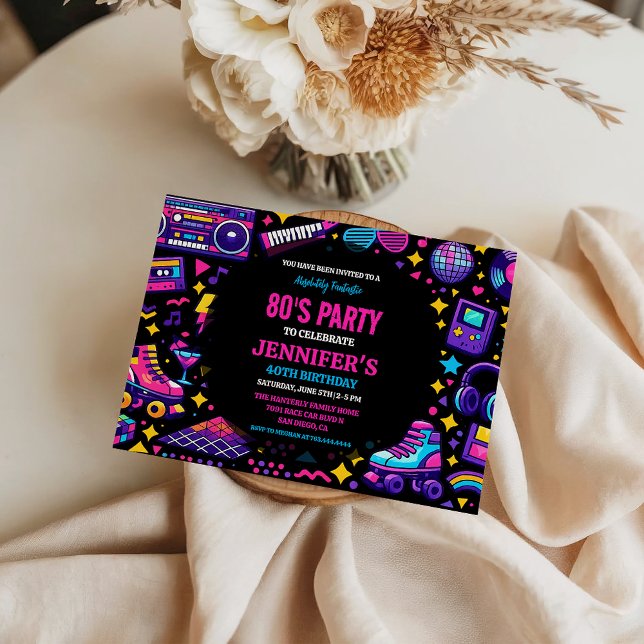 Convites Modern Retro Neon 80’s Birthday Party for Adults (Modern Retro Neon 80’s Birthday Party for Adults Invitation
)