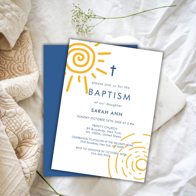 Convites Modern Retro Sun Baptism Christening Cross (Modern Retro Sun Baptism Christening Cross Invitation)