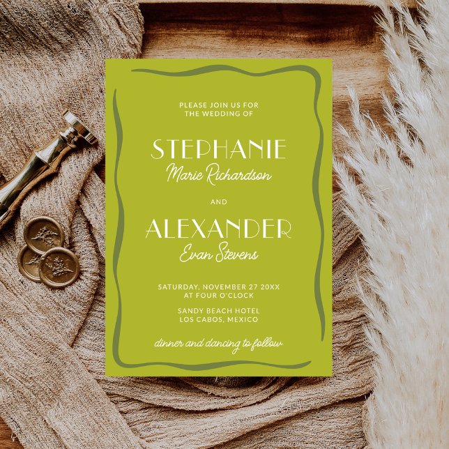Convites Modern Retro Vibrant Bold Citrus Green Wedding (Criador carregado)
