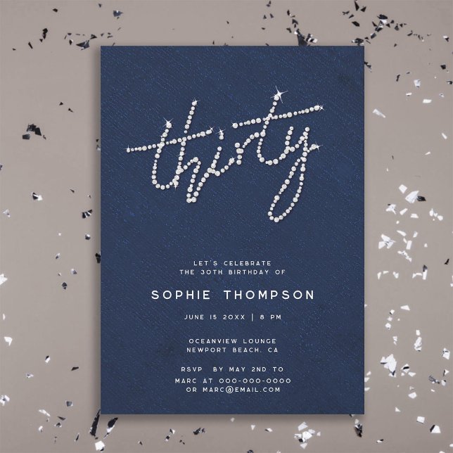 Convites Modern Rhinestones Marinho Blue Glam 30 Bday Soire (modern simple rhinestones glitter glam navy blue 30th birthday party invitation women soiree dinner)