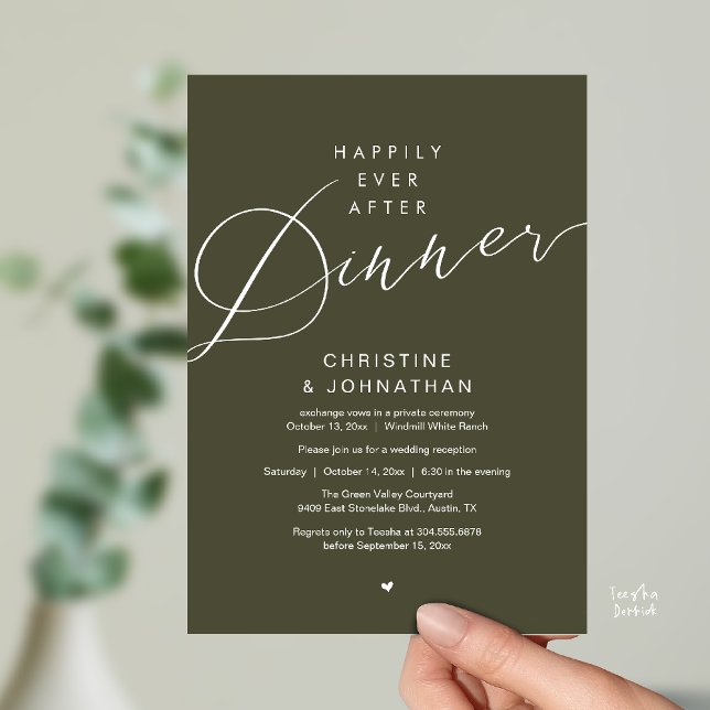 Convites Modern Romantic Wedding Happily Ever After Dinner (Modern Romantic Wedding Happily Ever After reception Dinner Invitation card in Olive Green)