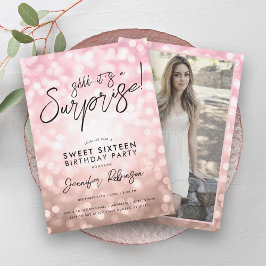 Convites Modern Rosa Dourado Luzes Foto Surpresa Sweet 16