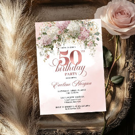 Convites Modern Rose Gold Blush Flowers 50th Birthday  