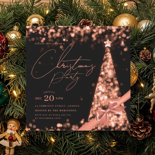 Convites MODERN Rose Gold Winter Christmas Tree Bow Party  (MODERN Rose Gold Winter Christmas Tree Bow Party Invitation)