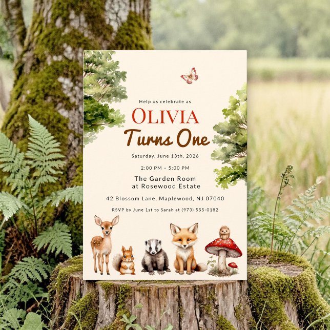 Convites modern Rustic Forest Animals Baby's First Birthday (Criador carregado)