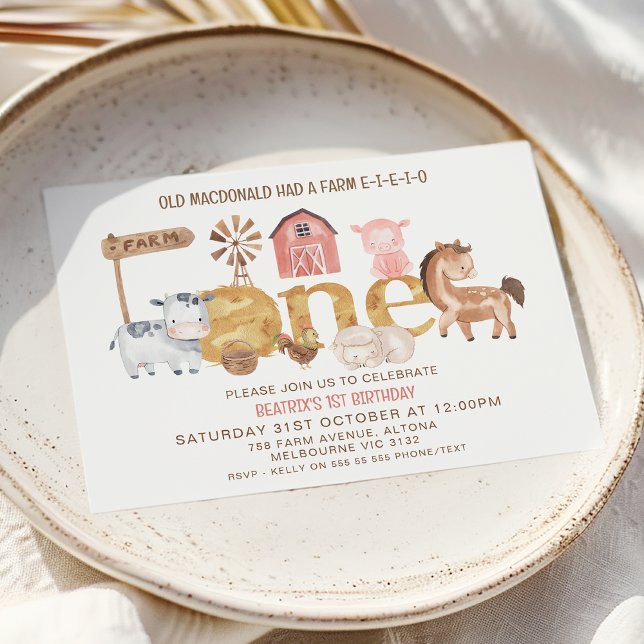 Convites Modern Rustic Girls One Fazenda primeiro aniversar (Girls Farm Themed First Birthday Invitation, Farmyard 1st Birthday Invite Girl, Oink Baa Moo Invite)