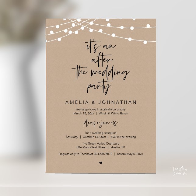 Convites Modern Rustic Wedding Reception Brown Kraft (Modern Rustic Wedding Reception Brown Kraft, string lights, Invitation card pdf black script)