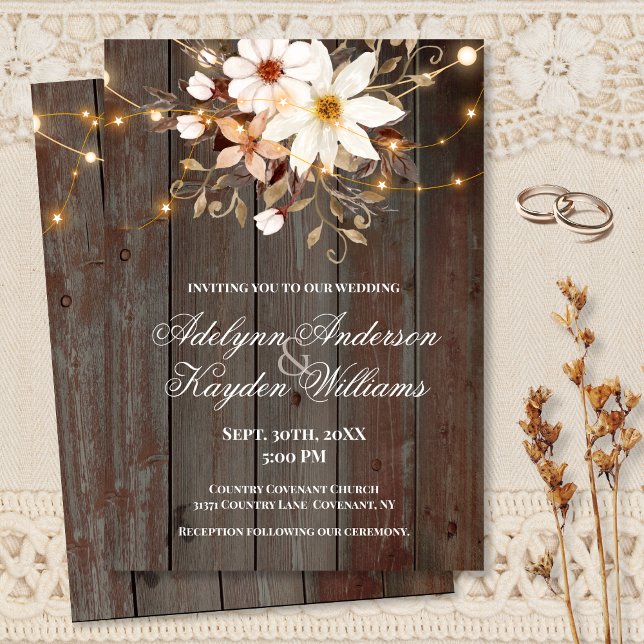 Convites Modern Rustic Wood Floral Lights Wedding  (Criador carregado)