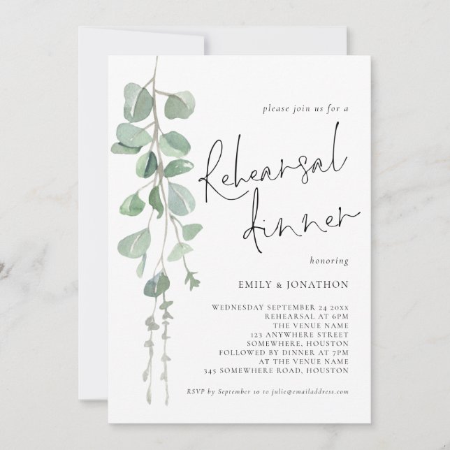 Convites Modern Sage Eucalyptus Script Rehearsal Dinner (Frente)