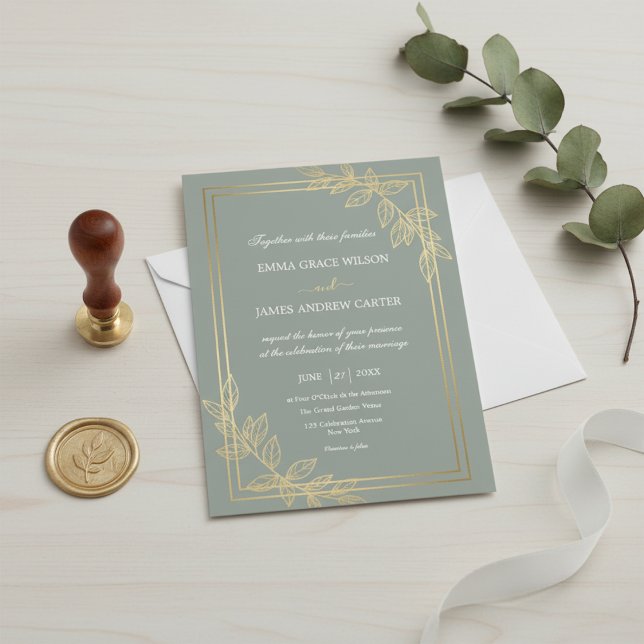 Convites Modern Sage Green and Gold Foil Botanical Elegant  (Criador carregado)