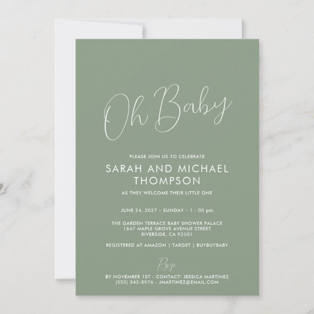 Convites Modern Sage Green Baby Shower Elegant Script (Frente)