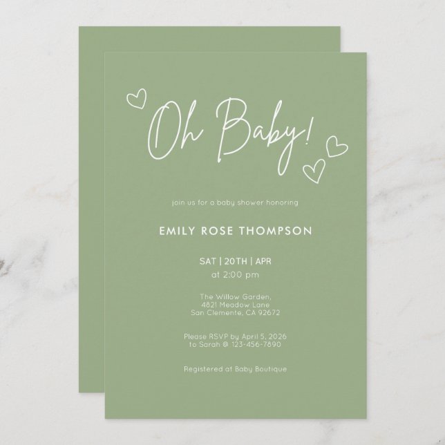 Convites Modern Sage Green Baby Shower Minimal Script (Frente/Verso)