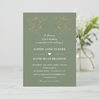 Convites Modern Sage Green Gold Line Art Flowers Wedding