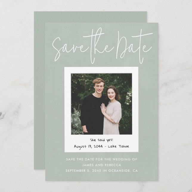 Convites Modern Sage Green Snapshot Photo Save the Date (Frente/Verso)
