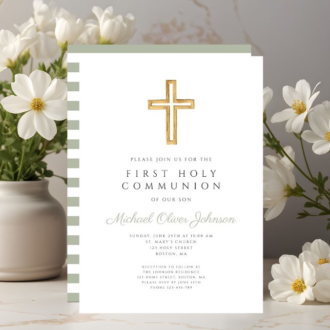 Convites Modern Sage Green Stripes cruza Primeira Comunhão (Modern Sage Green Stripes Cross First Communion Invitation)