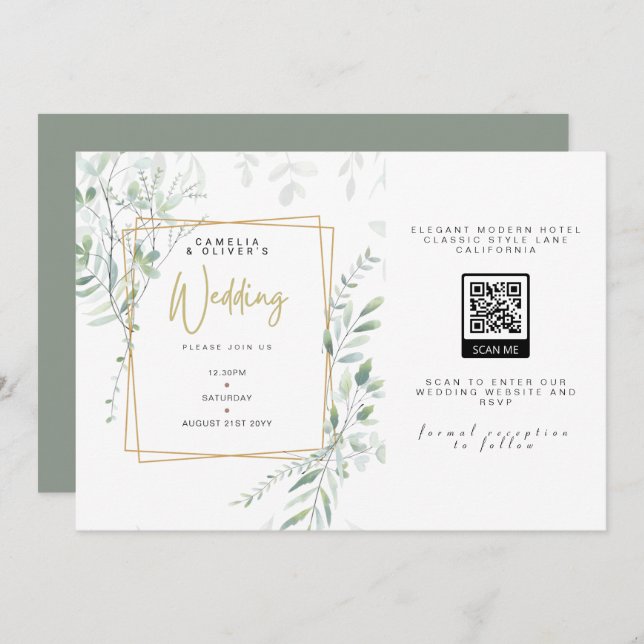 Convites Modern Sage Greenery Casamento QR Código RSVP Conv (Frente/Verso)