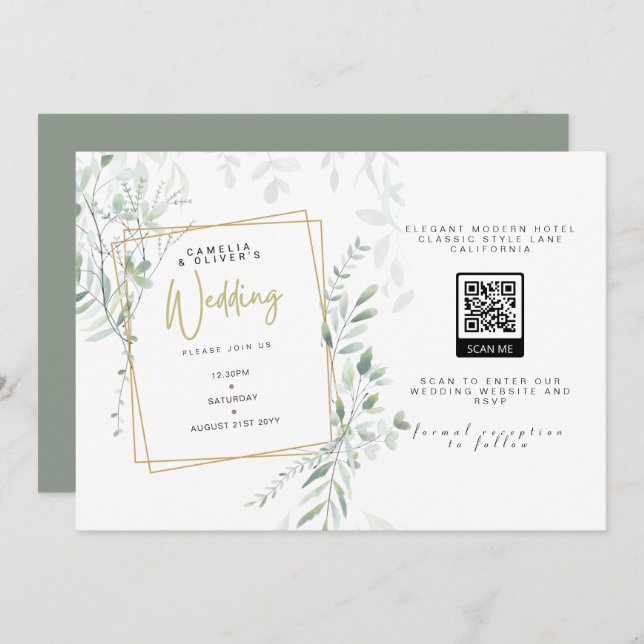 Convites Modern Sage Greenery Casamento QR Código RSVP Conv (Frente/Verso)
