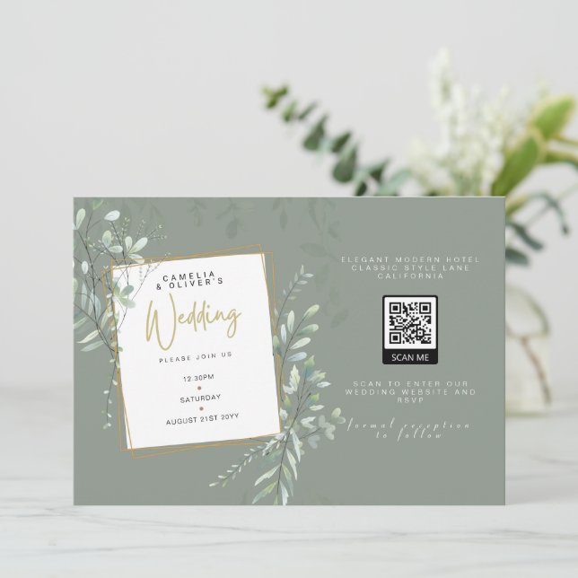 Convites Modern Sage Greenery Wedding Código QR RSVP (Em pé/Frente)
