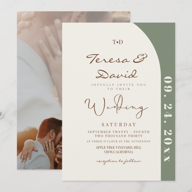 Convites Modern Sage Photo Wedding (Frente/Verso)