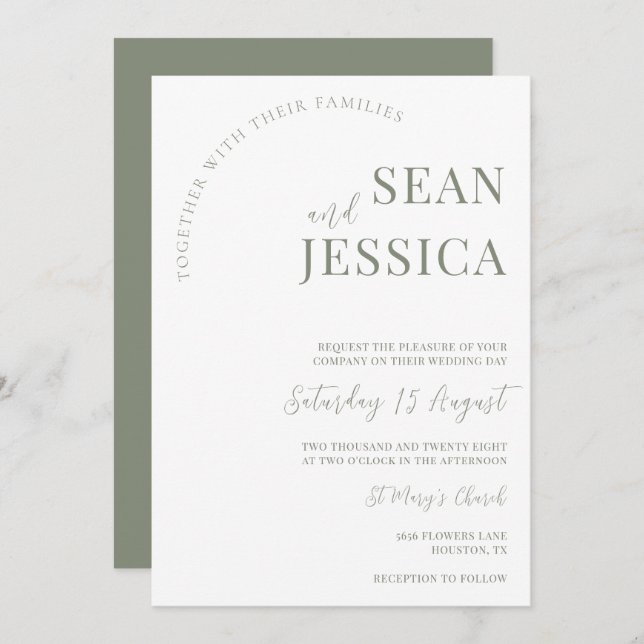 Convites Modern Sage & White Wedding (Frente/Verso)