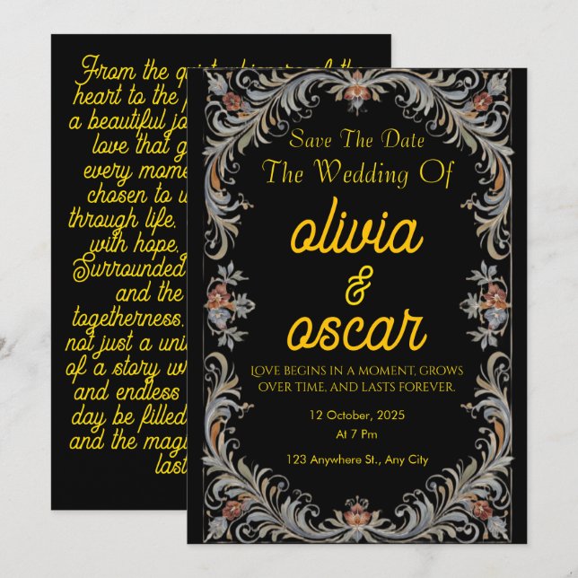 Convites Modern Scandinavian Rosemaling Wedding Invitation  (Frente/Verso)