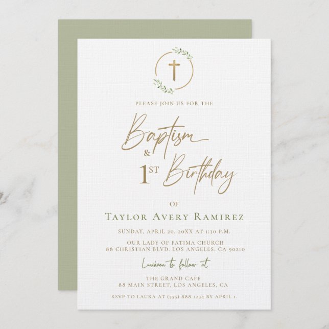 Convites Modern Script Baptism and 1st Birthday Green Gold  (Frente/Verso)