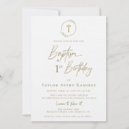 Convites Modern Script Baptism and 1st Birthday Green Gold 