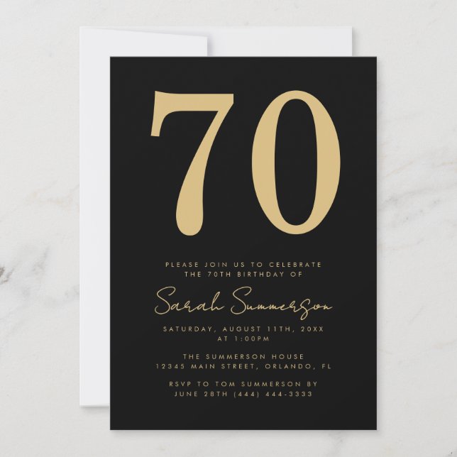Convites Modern Script Black Gold Seventy 70th Birthday (Frente)