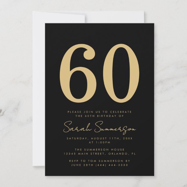 Convites Modern Script Black Gold Sixty 60th Birthday Party (Frente)