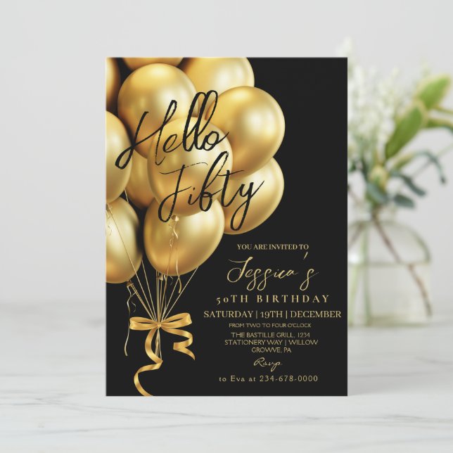 Convites Modern Script Black Hello Fifty Birthday  (Em pé/Frente)