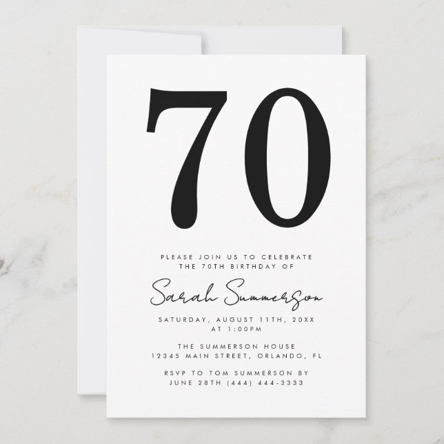 Convites Modern Script Black White Seventy 70th Birthday (Frente)