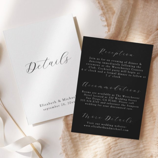 Convites Modern Script Black & White Wedding Details Card (Criador carregado)