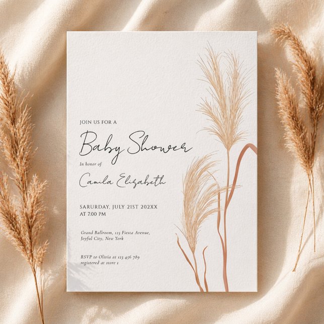 Convites Modern Script Boho Pampas Grass Baby Shower (Criador carregado)