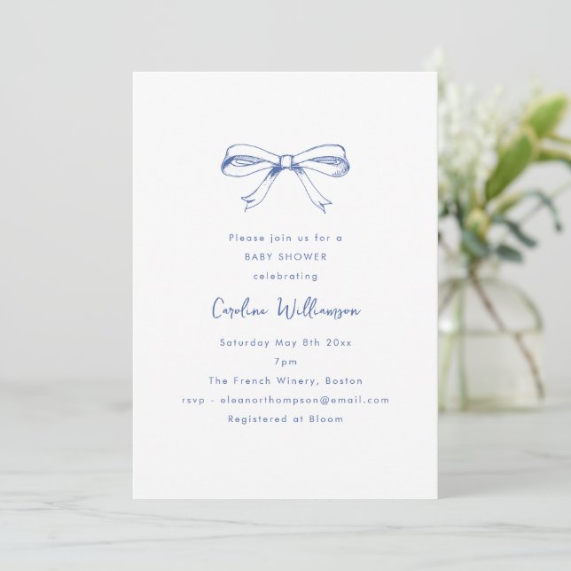 Convites Modern Script Coquette Bow Blue Baby Shower (Em pé/Frente)