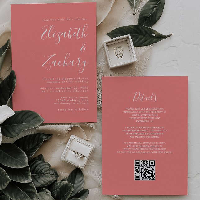 Convites Modern Script Coral Pink QR Code Wedding (Criador carregado)
