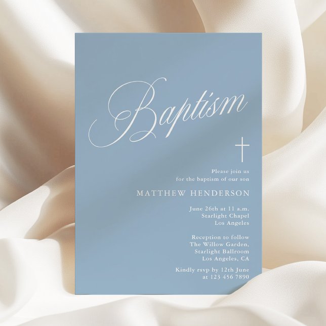 Convites Modern Script Dusty Blue Boys Baptism (Criador carregado)