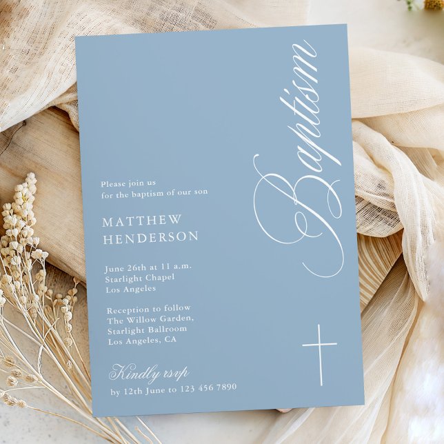Convites Modern Script Dusty Blue Boys Baptism Invi (Criador carregado)