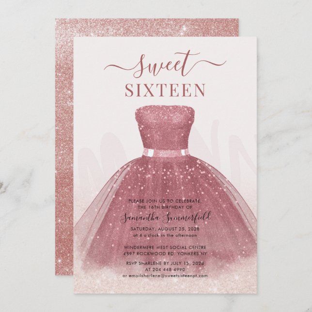 Convites Modern Script Glitter Sweet 16 Rosa Dourado (Frente/Verso)
