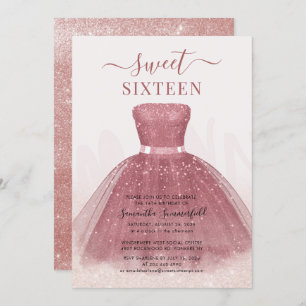 Convites Modern Script Glitter Sweet 16 Rosa Dourado