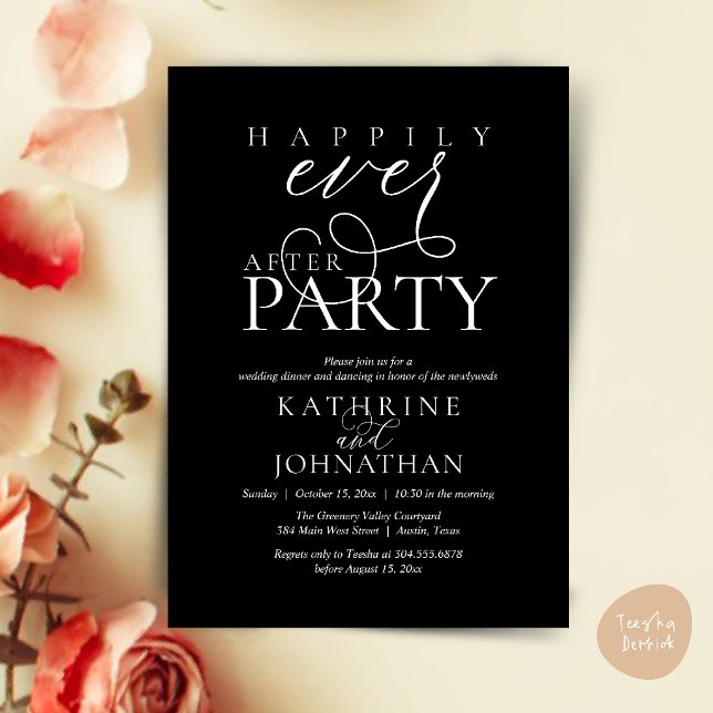 Convites Modern Script Happily Ever After Party Elopement (Modern Script Happily Ever After Dinner Party Elopement Invitation Card in Black and White)