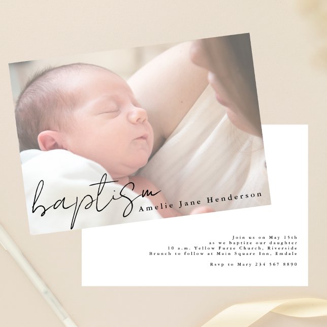 Convites Modern Script Hazy Photo Elegant Baptism (Criador carregado)