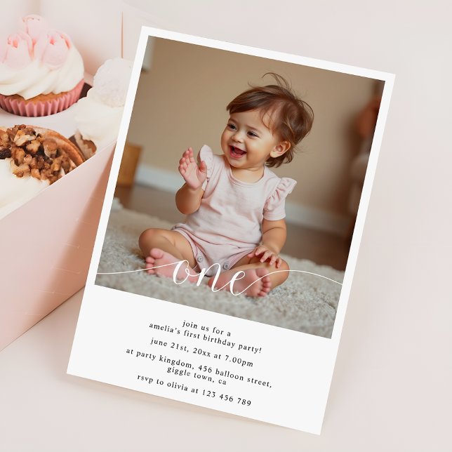 Convites Modern Script Overlay Baby's First Birthday Photo (Criador carregado)