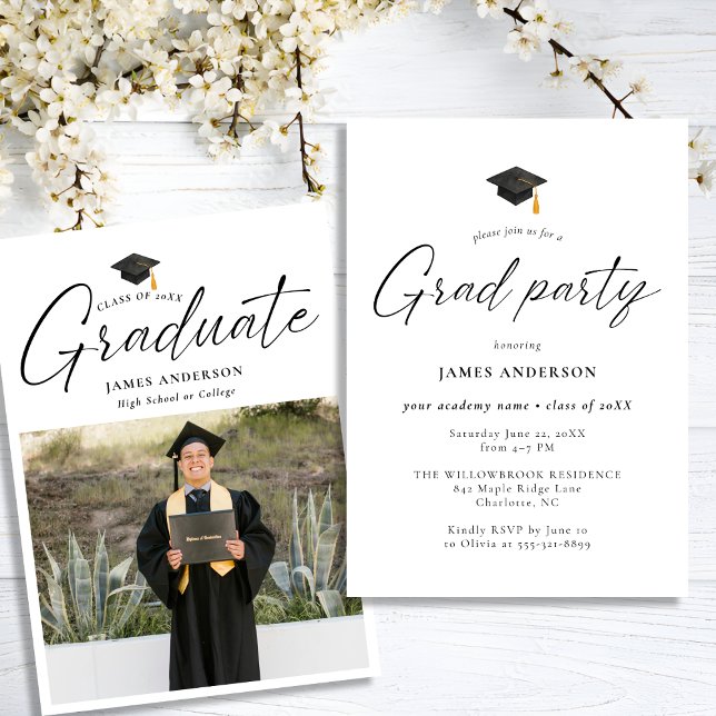 Convites Modern Script Photo Graduation Party (Criador carregado)