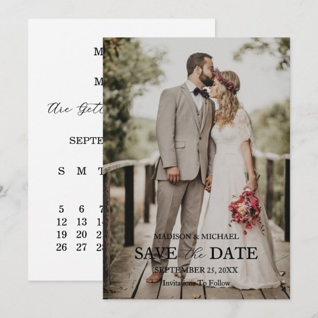Convites Modern Script Photo Wedding Save The Date (Frente/Verso)